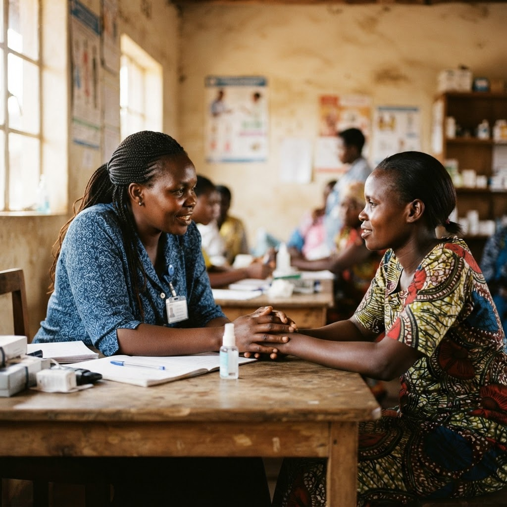 A community health worker speaking with a patient in a clinic in Uganda